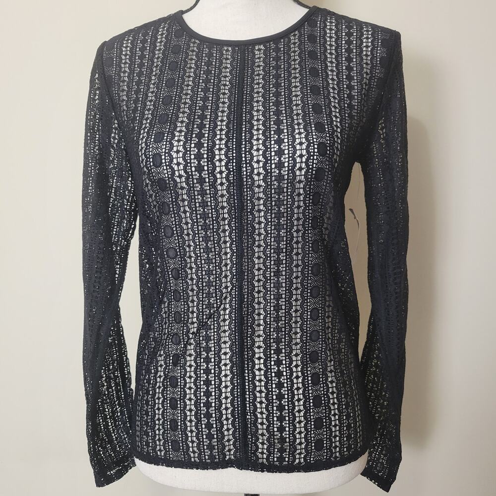NWT Lou & Grey Loft S Form Top Long Sleeve Scoop Neck Pullover Black Lace